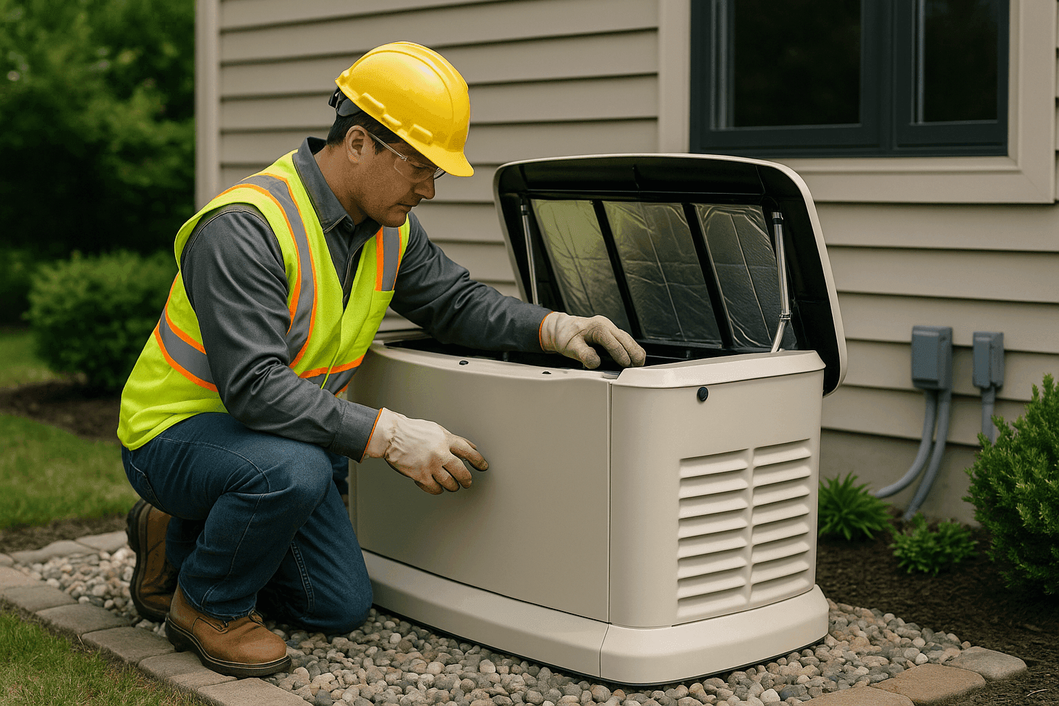 Electricista instalando un generador de respaldo residencial al aire libre