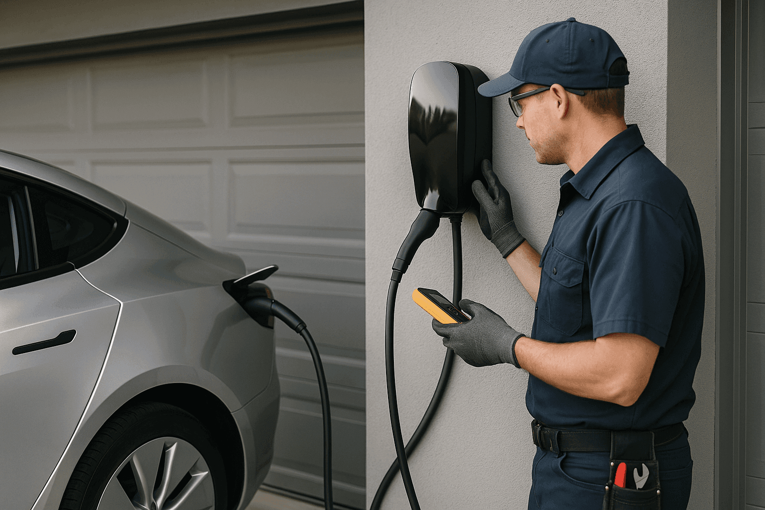 Carga de vehículo eléctrico en casa con electricista profesional revisando la instalación del cargador EV