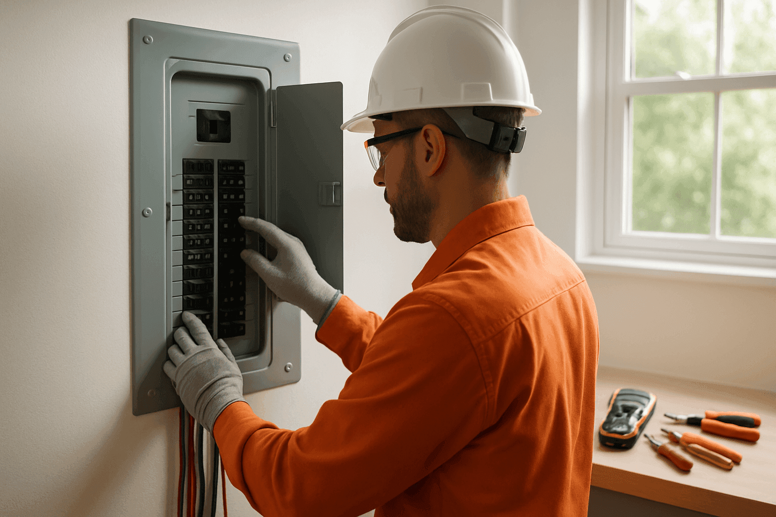 Electrician installing a new breaker panel in a home's utility room