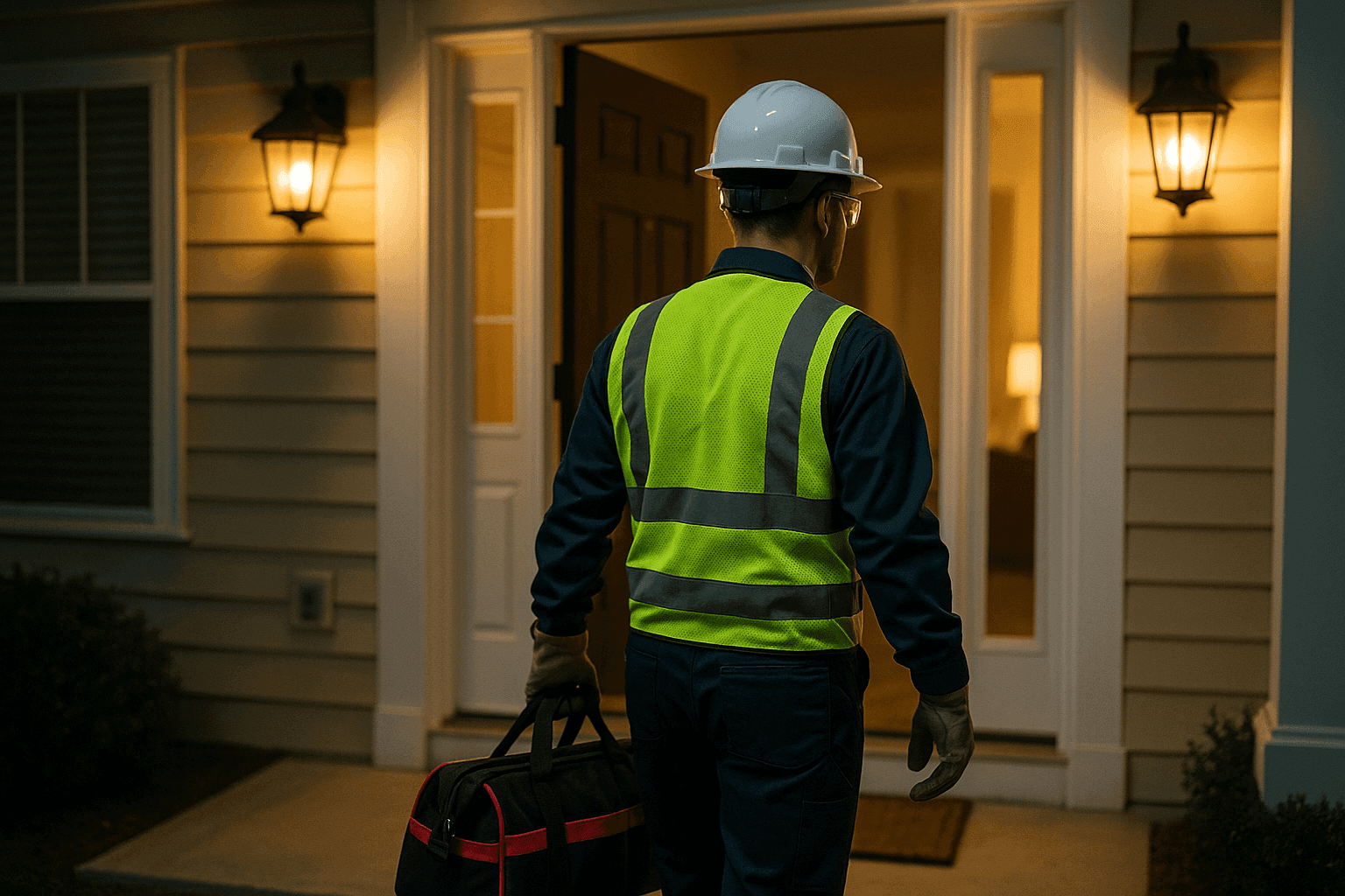Electricista llegando a casa de noche con kit de emergencia