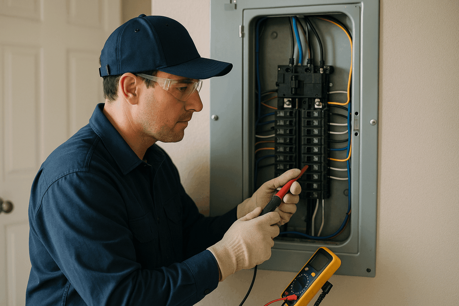 Electricista inspeccionando panel eléctrico residencial con herramientas y equipo de seguridad