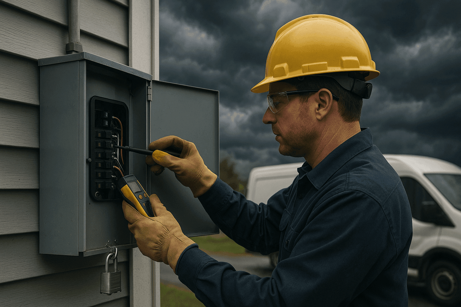Electricista inspeccionando panel eléctrico exterior antes de una tormenta