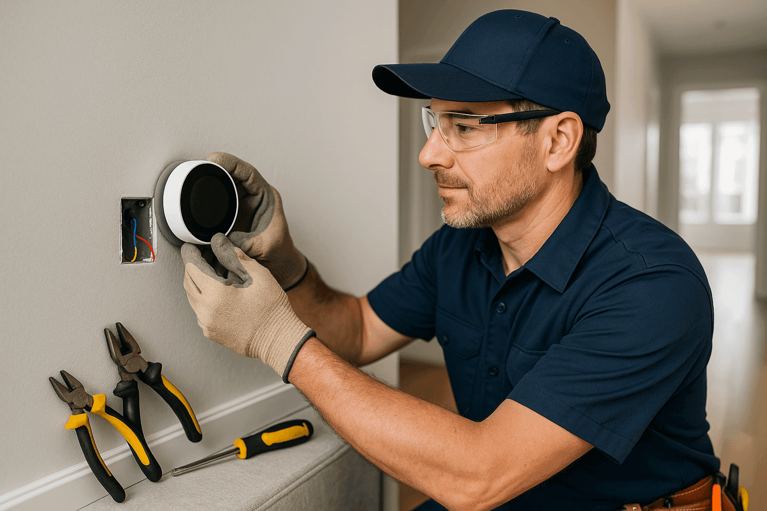 Electricista instalando termostato inteligente para sistema de automatización del hogar