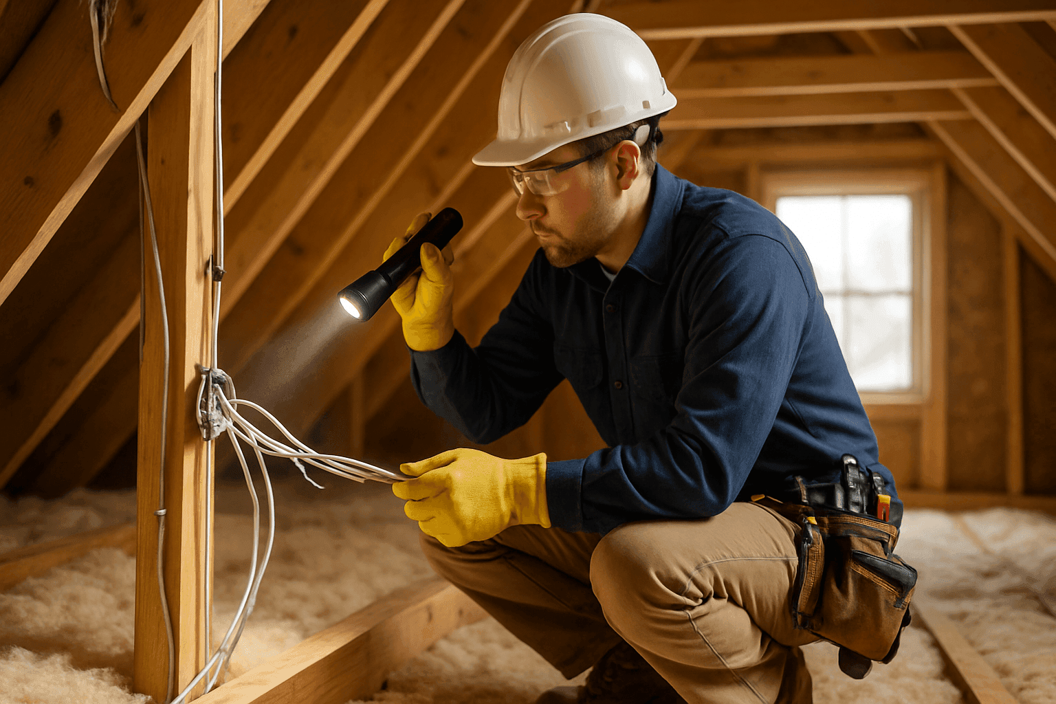 Electrician examining exposed wiring in a home's attic
