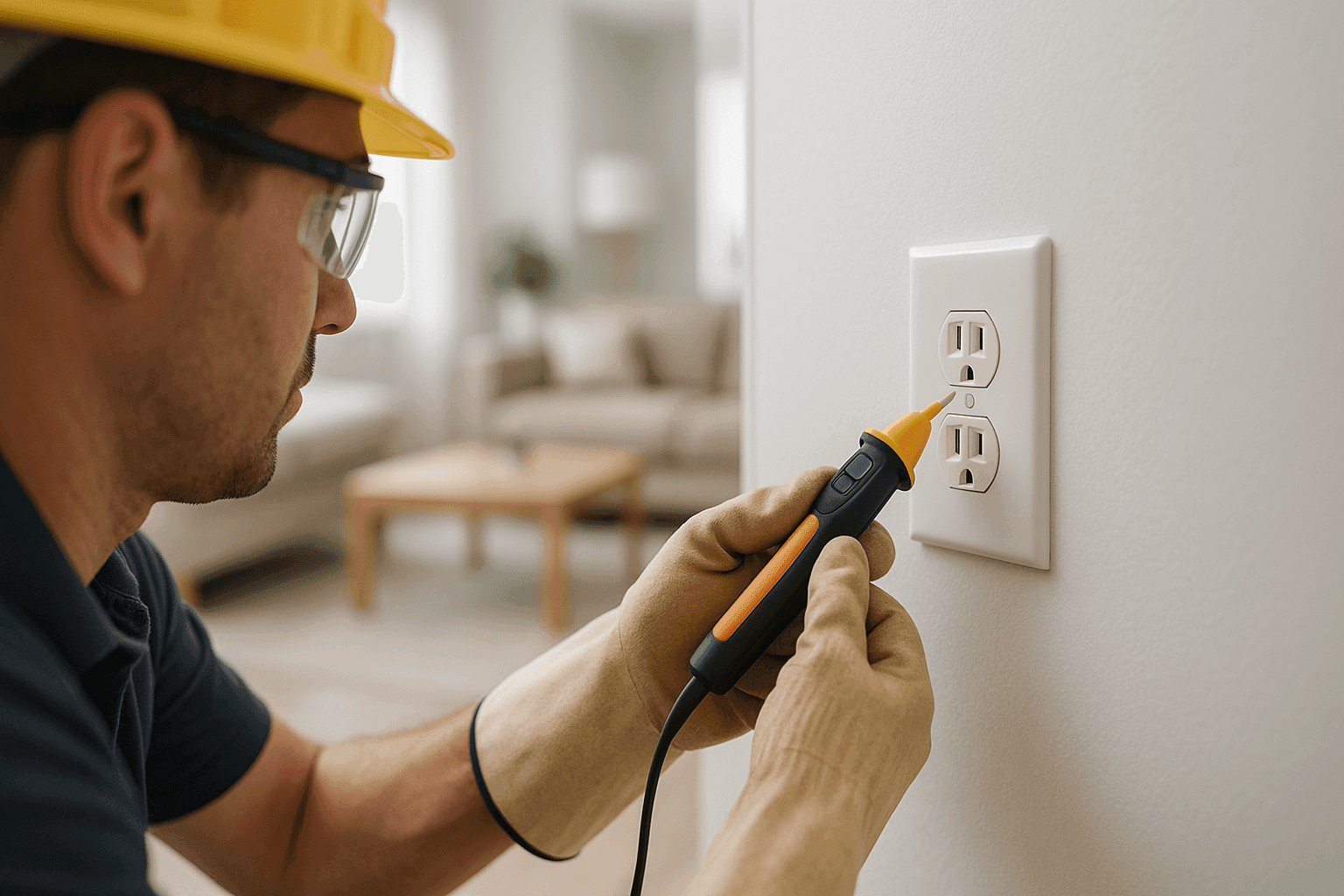 Electricista probando una toma de corriente en la pared con un comprobador de voltaje